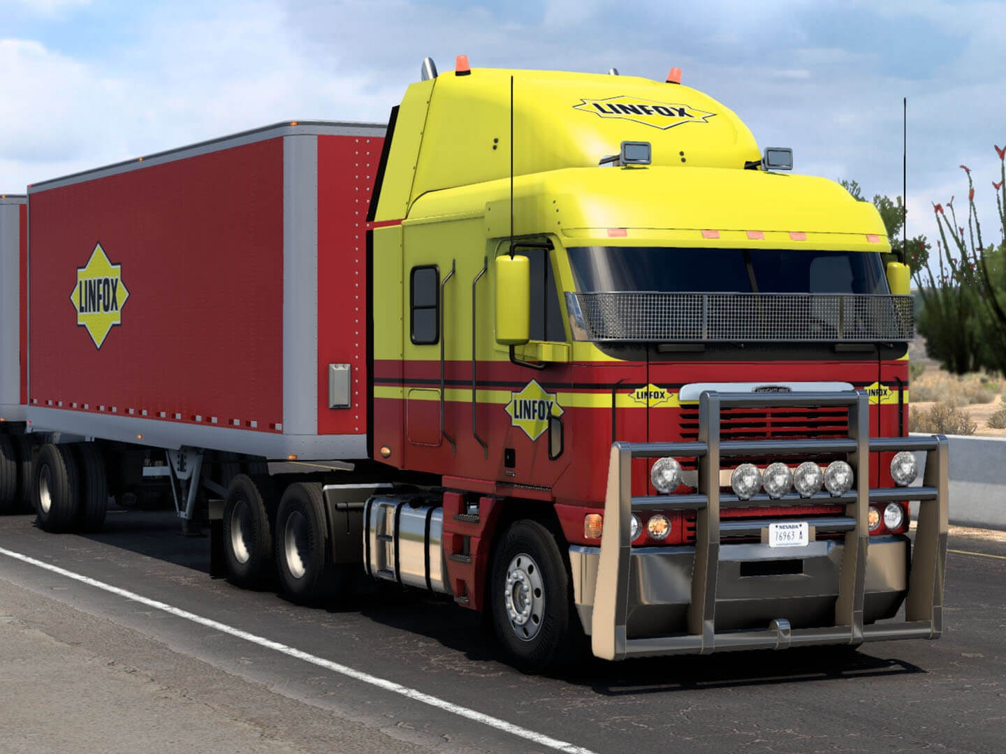 Linfox-branded truck with trailers