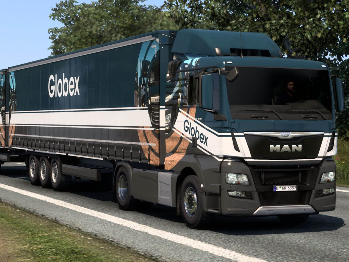 Dark blue and grey Globex branded truck with trailer